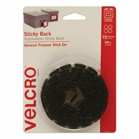 VELCRO BRAND Velcro, STICKY-BACK FASTENERS, REMOVABLE ADHESIVE, 0.63in DIA, BLACK, 75PK 90089